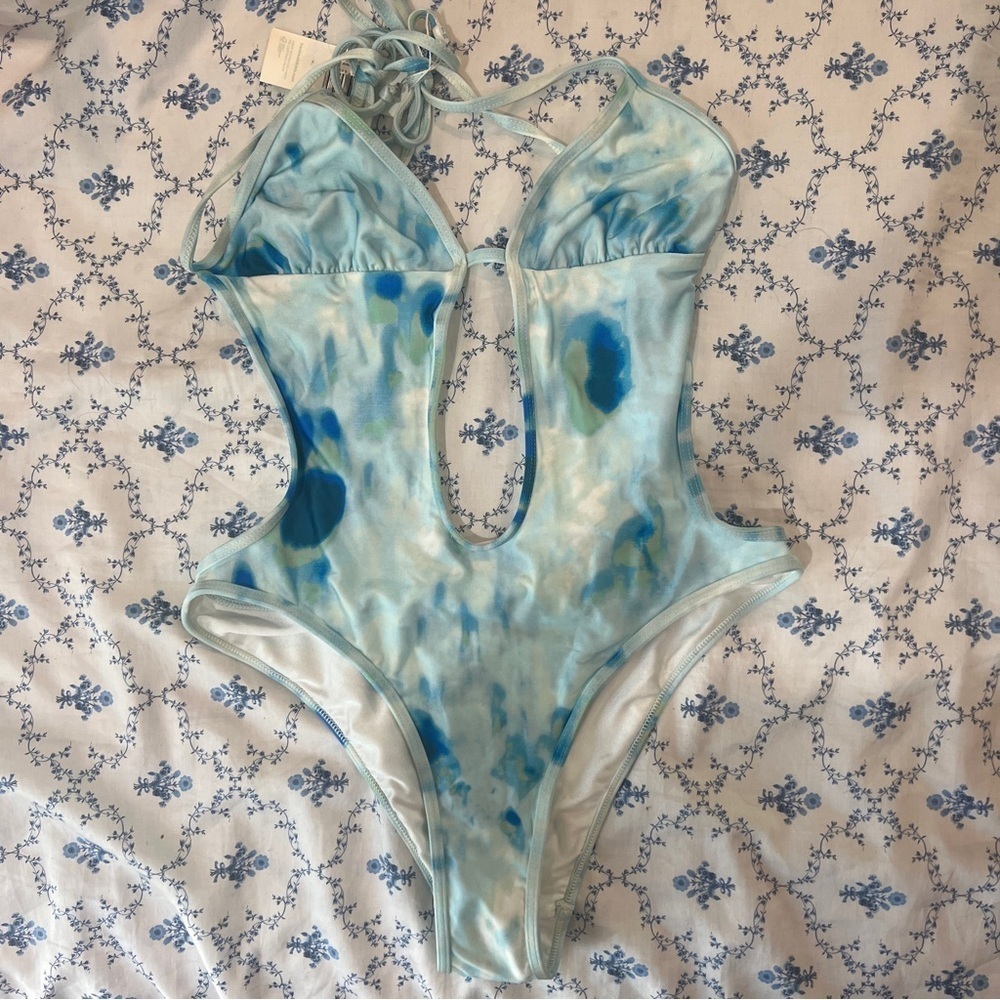 Frankie’s Bikinis Amanda Satin One Piece Swimsuit Blue Tie Dye NWT Size Small